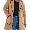 Pea Coats for Women Trendy Embroidered Contrast Trim Long Peacoat Jackets Lapel Button Winter Coat with Pockets