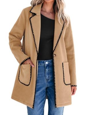 Pea Coats for Women Trendy Embroidered Contrast Trim Long Peacoat Jackets Lapel Button Winter Coat with Pockets