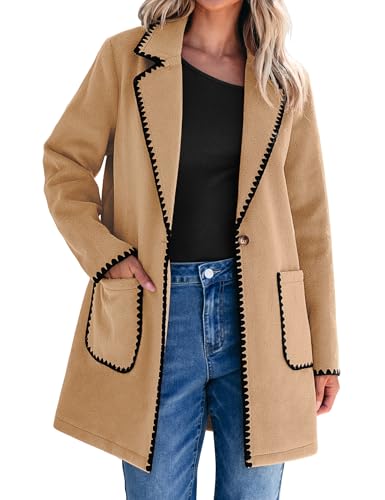 Pea Coats for Women Trendy Embroidered Contrast Trim Long Peacoat Jackets Lapel Button Winter Coat with Pockets