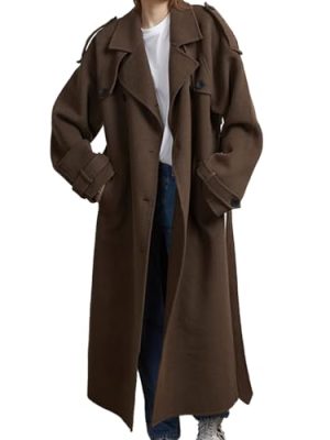 Women's Winter Double Breasted Long Coat Notch Lapel Long Sleeve Wool Blend Trench Coat with Belt