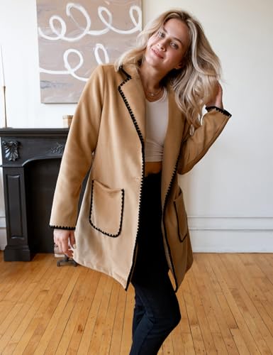 Pea Coats for Women Trendy Embroidered Contrast Trim Long Peacoat Jackets Lapel Button Winter Coat with Pockets