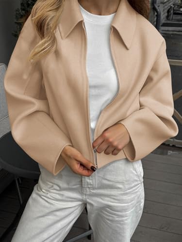 Womens Cropped Pea Coats Zip Up Short Casual Bomber Wool Blend Jackets Barn Fall Outerwear with Pockets