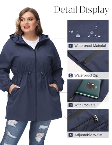 Women's Plus Size Long Hooded Raincoat Lightweight Waterproof Windbreaker Jacket