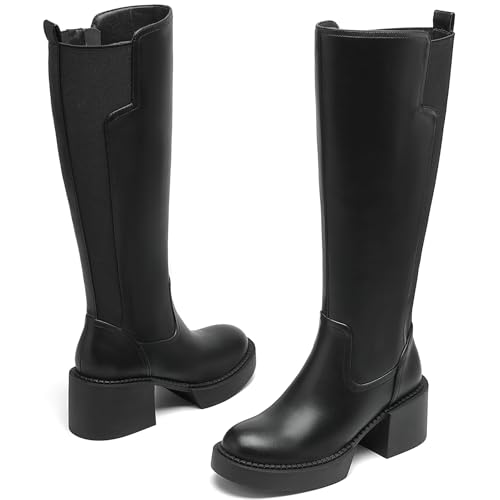Women's Knee High Boots Chunky Block Heel Boots Stretch Calf Round Toe Side Zipper Platform Tall Boots Fall Comfort Long Boots