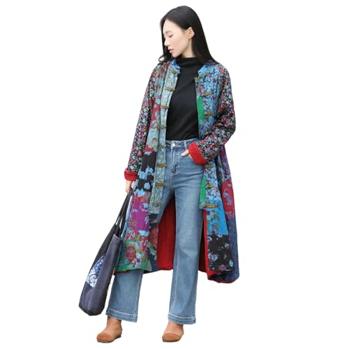 Women’s Flower Patchwork Coat Cotton Linen Trench Coat Women Jacket Vintage Boho Long Overcoat with Pockets