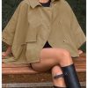 Women's Button Down Jacket Collared Long Sleeve Cloak Poncho Cape Trench Coat