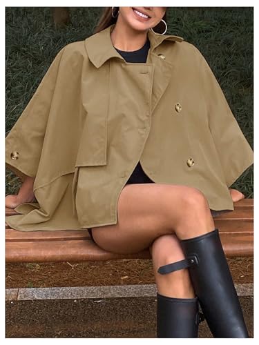 Women's Button Down Jacket Collared Long Sleeve Cloak Poncho Cape Trench Coat
