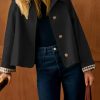 Womens Cropped Trench Coat Classic Collar Oversized Casual Jackets with Checkered Lining (Black-L)