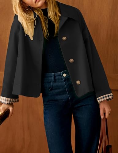 Womens Cropped Trench Coat Classic Collar Oversized Casual Jackets with Checkered Lining (Black-L)