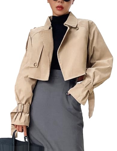 Women's Cropped Trench Coat Long Sleeve Casual Jacket Classic Double-Breasted Lapel Overcoat Fashion Outerwear