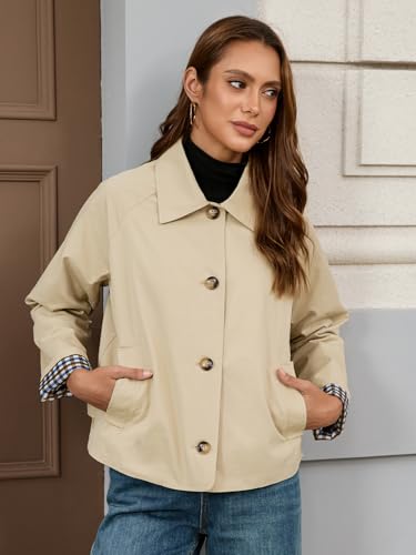 Womens Cropped Trench Coat Single Breasted Classic Lapel Overcoat Plaid Lined Oversized Outerwear