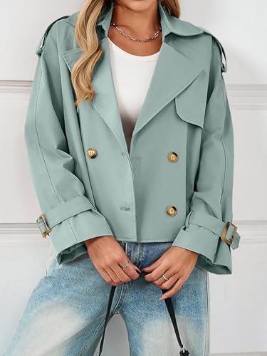 Womens Cropped Trench Coat Oversized Double Breasted Lapel Long Sleeve Short Jacket Fashion Outerwear