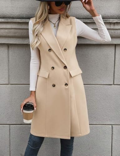 Womens Long Wool Vest Fall Winter Sleeveless Blazer Jackets Trench Coat Outerwear Tops