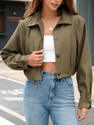 Women's Cropped Trench Coat Casual Long Sleeve Button Down Lapel Short Pleated Jacket Fall Fashion Outerwear