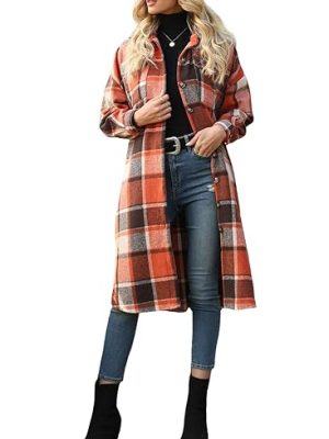 Women's Lounge Lapel Button Up Long Sleeve Plaid Long Shirt Jacket Shacket