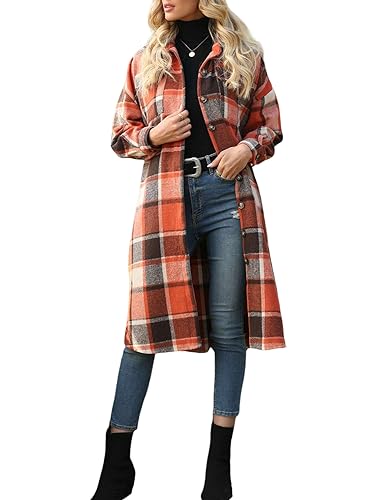 Women's Lounge Lapel Button Up Long Sleeve Plaid Long Shirt Jacket Shacket