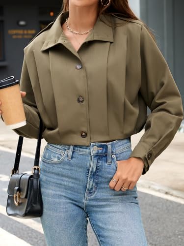 Women's Cropped Trench Coat Casual Long Sleeve Button Down Lapel Short Pleated Jacket Fall Fashion Outerwear
