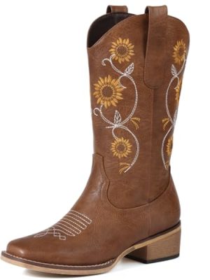 Cowboy Boots for Women - Mid Calf Western Sunflower Cowgirl Boots with Floral Embroidery, Square Toe Stitched Pull On Retro