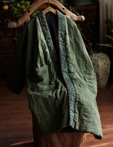 Women's Quilted Knee Length Coat Open Front Kimono Style Jacket Handmade Threading Outwear for Winter