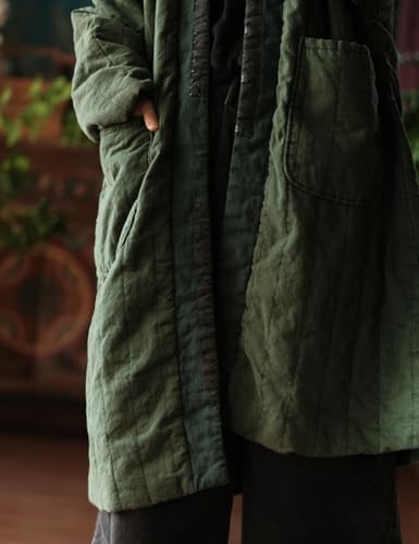 Women's Quilted Knee Length Coat Open Front Kimono Style Jacket Handmade Threading Outwear for Winter
