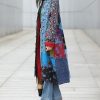 Women’s Flower Patchwork Coat Cotton Linen Trench Coat Women Jacket Vintage Boho Long Overcoat with Pockets