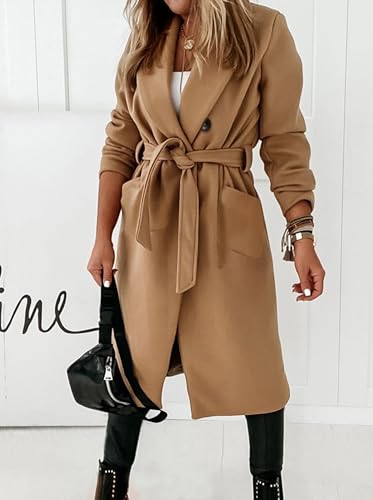 Women's Double Breasted Wool Blend Coat Winter Notched Lapel Belted Peacoat Mid Long Jacket