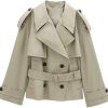 Women's Retro Short Trench Coat Button Front Lace Up Jacket Long Sleeve Lapel Casual Outerwear