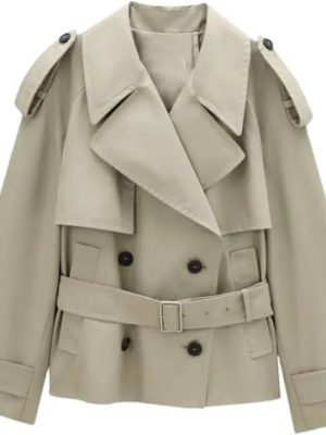 Women's Retro Short Trench Coat Button Front Lace Up Jacket Long Sleeve Lapel Casual Outerwear