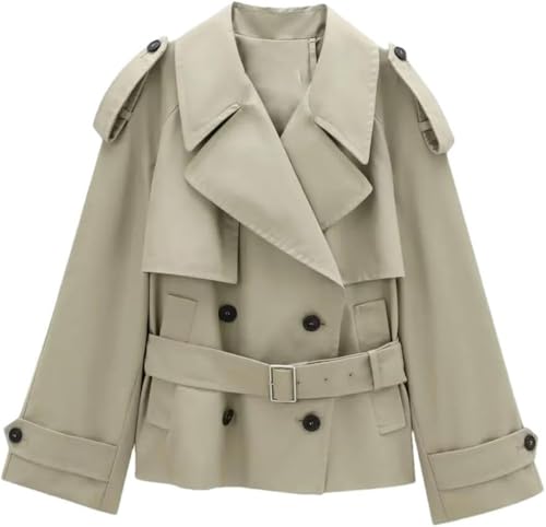Women's Retro Short Trench Coat Button Front Lace Up Jacket Long Sleeve Lapel Casual Outerwear