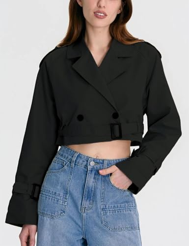 Womens Cropped Bike Jacket Casual Double Breasted Trench Coat with Belt