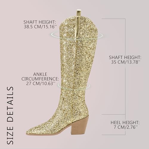 Sparkly Cowgirl Boots for Women Side Zipper Tall Wide Calf Western Knee High Cowboy Boots Chunky Heels Glitter Sequin Party