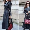 Women's Trench Coat Leather Lambskin Long Overcoat Jacket Real Genuine Black-Red For Women