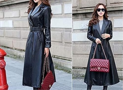 Women's Trench Coat Leather Lambskin Long Overcoat Jacket Real Genuine Black-Red For Women