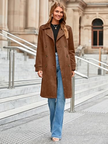 Womens Long Trench Coat Fall Winter Double Breasted Classic Lapel Slim Work Office Suede Overcoat with Belt