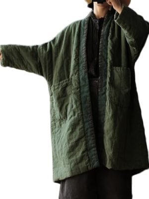 Women's Quilted Knee Length Coat Open Front Kimono Style Jacket Handmade Threading Outwear for Winter