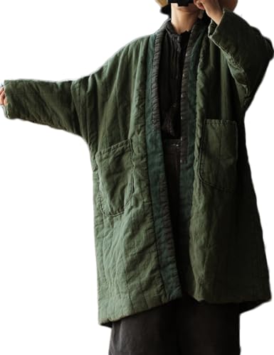 Women's Quilted Knee Length Coat Open Front Kimono Style Jacket Handmade Threading Outwear for Winter