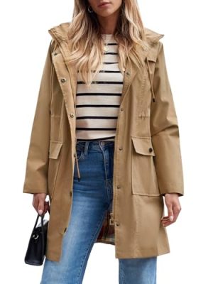 Women's Waterproof Rain Jacket Long Raincoat Hooded Windbreaker Trench Coat