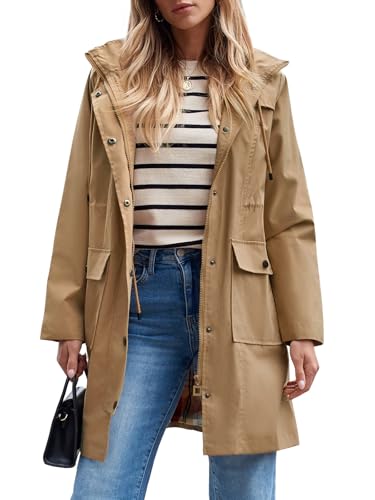Women's Waterproof Rain Jacket Long Raincoat Hooded Windbreaker Trench Coat