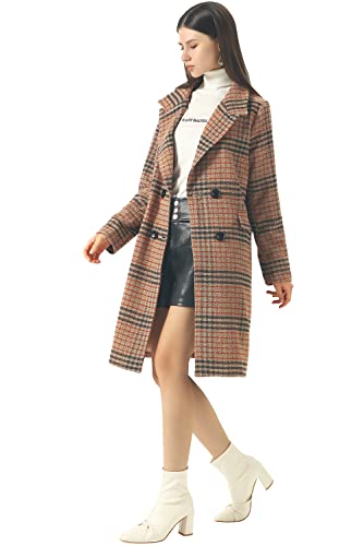 Women's Winter Oversize Lapel Collar Woolen Plaid Double Breasted Long Peacoat Jacket
