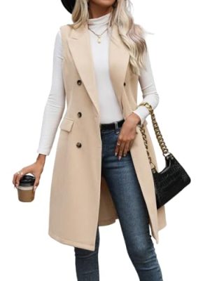 Womens Long Wool Vest Fall Winter Sleeveless Blazer Jackets Trench Coat Outerwear Tops