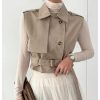 Women's Sleeveless Cropped Trench Coat with Belted Lapel Collar Vest Coat
