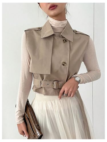Women's Sleeveless Cropped Trench Coat with Belted Lapel Collar Vest Coat