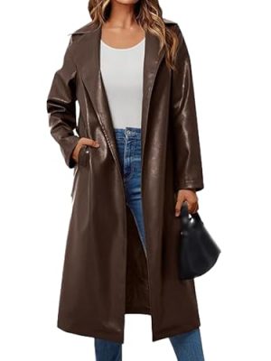 Women's Faux Leather Trench Coat Notched Lapel PU Leather Long Coat Open Front Motorcycle Belted Maxi Jacket