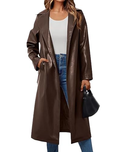 Women's Faux Leather Trench Coat Notched Lapel PU Leather Long Coat Open Front Motorcycle Belted Maxi Jacket