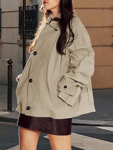 Womens Trench Coat Single Breasted Lapel Casual Oversized Coats Short Jacket Fall Outerwear
