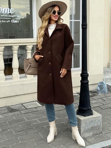 Womens Long Pea Coats Single Breasted Lapel Jackets Casual Oversized Wool Blend Overcoats with Pockets