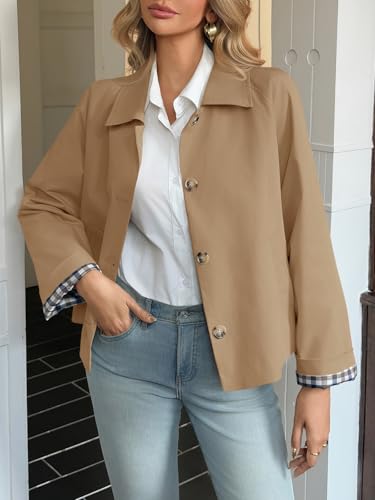 Womens Cropped Trench Coat Lightweight Single Breasted Jacket Fall Windbreaker Fashion Outerwear