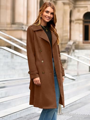 Womens Long Trench Coat Fall Winter Double Breasted Classic Lapel Slim Work Office Suede Overcoat with Belt