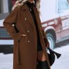 Womens Long Wool Pea Coat Notched Lapel Double Breasted Trench Coat Winter Warm Overcoat with Belt