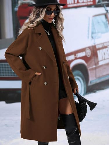 Womens Long Wool Pea Coat Notched Lapel Double Breasted Trench Coat Winter Warm Overcoat with Belt